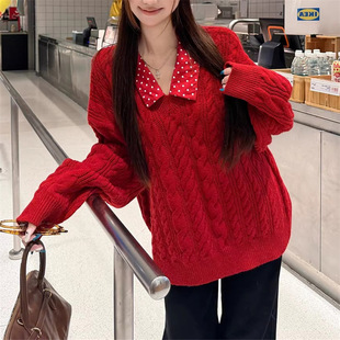 KANING甜美红色假两件新年毛衣2026秋冬新款波点polo领减龄针织衫