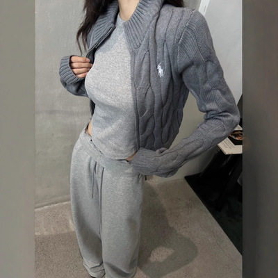 高版本RL拉夫短款开衫毛衣经典小马刺绣秋冬立领修身长袖针织上衣