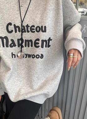 美式字母印花灰色连帽卫衣女2024秋季新款休闲宽松慵懒风套头上衣