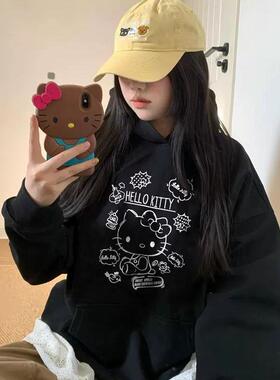 卡通可爱风Hello Kitty连帽卫衣2025新款黑色宽松慵懒学院风上衣