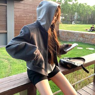 短款 暗扣长袖 卫衣女秋冬新款 气质宽松开衫 外套 休闲风学生时尚 美式