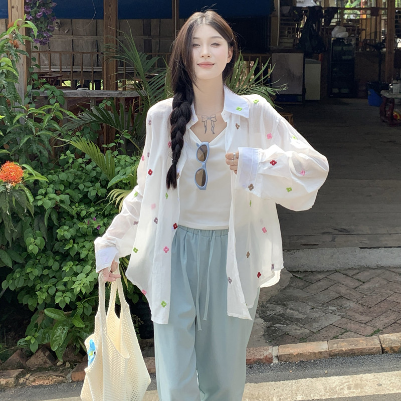韩系设计感彩色花朵刺绣衬衫女2025夏季新款宽松长袖上衣防晒外套