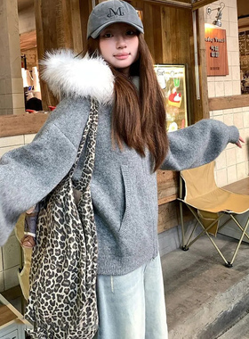 2025春季新款韩系灰色毛领连帽针织开衫女慵懒风软糯宽松毛衣外套