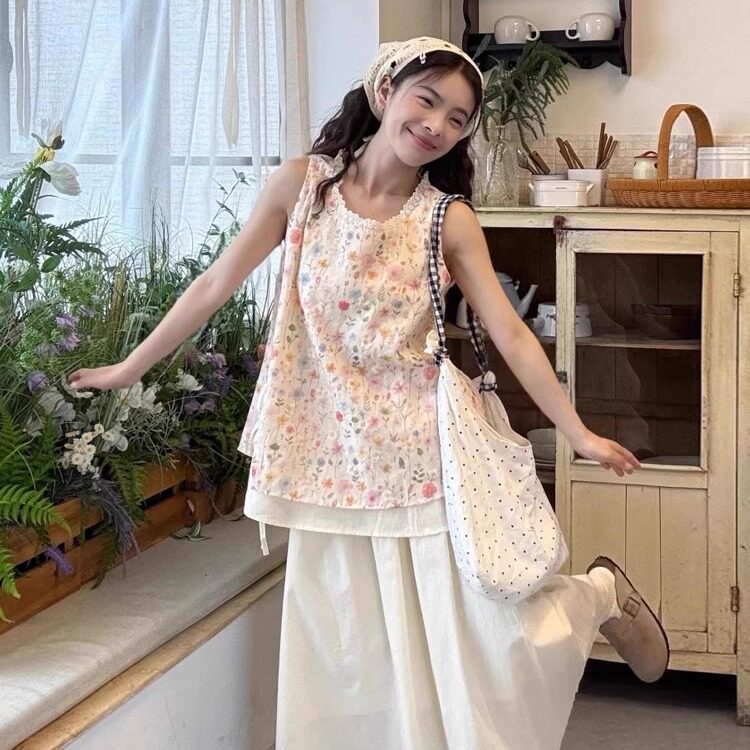 法式小清新碎花无袖衬衫半身裙套装女2025新款夏季时尚套装两件套