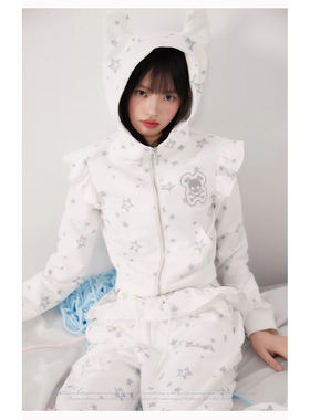 2025新款可爱休闲风连帽卫衣女白色星星印花拉链外套修身显瘦上衣