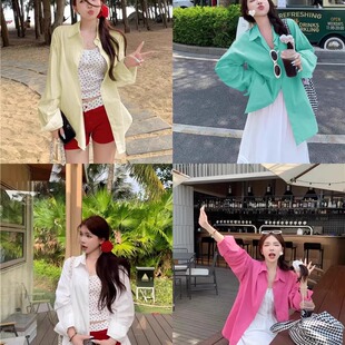 翻领防晒衫玫红色衬衫夏季慵懒风休闲黄色衬衣宽松百搭薄荷绿外套