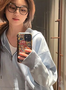 2025新款百搭韩系慵懒风简约蓝色连帽拉链卫衣女超显白宽松女外套