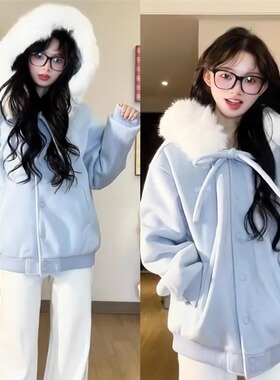 甜美可爱毛毛领连帽短外套女2025秋季新款宽松百搭蓝色女夹克上衣