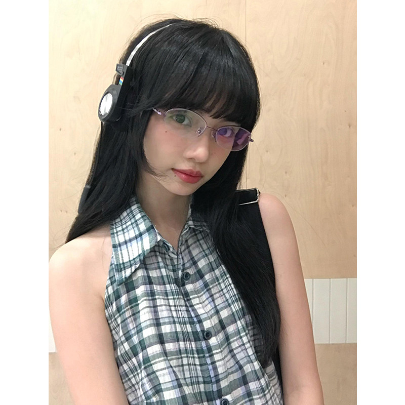 法式无袖格子衬衫女2024夏季新款潮流甜酷风辣妹露背挂脖修身衬衣