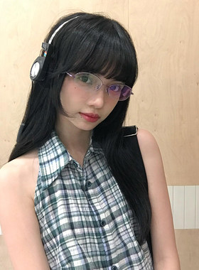 法式甜酷风露背挂脖无袖格子衬衫
