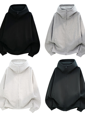 美式重磅开衫卫衣女秋冬季简约带帽高街百搭休闲连帽灰色外套潮牌