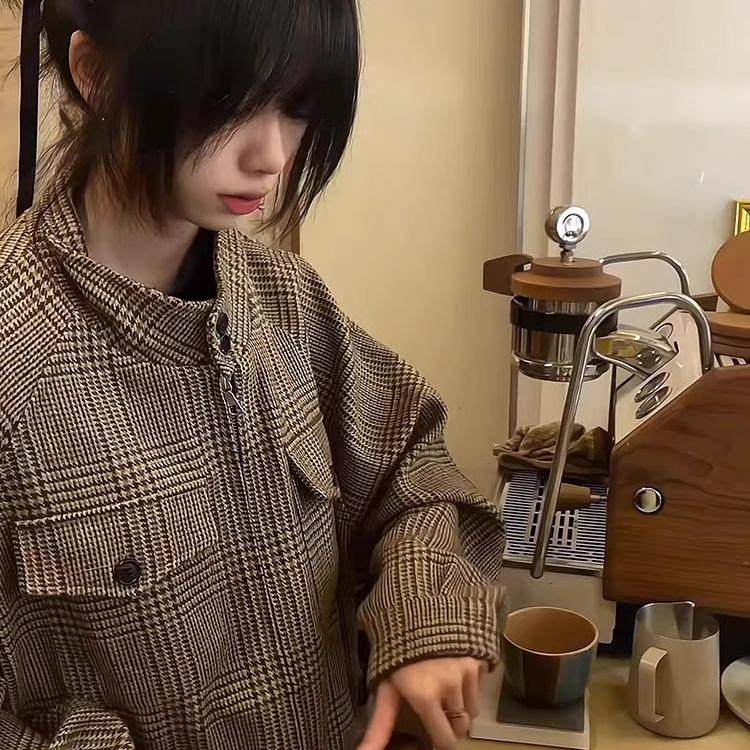 美式复古中性外套女秋款千鸟格哈灵顿夹克设计感上衣高级感情侣衫,女装/女士精品,短外套,淘宝优惠券,粉丝福利购,淘宝优惠卷