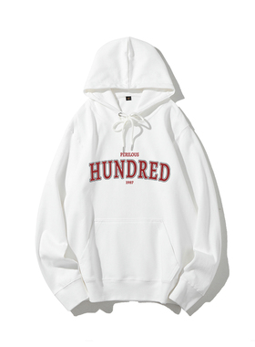 白色连帽卫衣女美式复古简约字母印花百搭休闲秋冬上衣男女同款潮