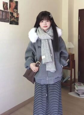 美式高街灰色可拆卸毛领连帽外套女秋冬新款宽松加厚保暖纯棉开衫