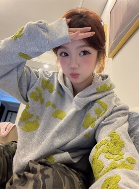 2025新美式高街风刺绣苔藓连帽卫衣女秋冬设计感小众灰色上衣外套