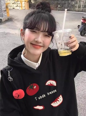 可爱卡通印花2024新款黑色连帽卫衣秋冬加绒宽松设计感别致上衣女