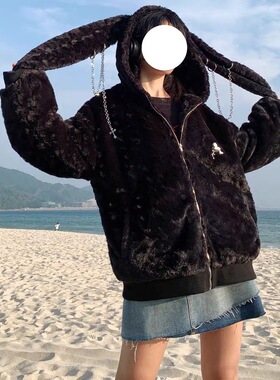 黑色连帽兔耳毛毛外套女2025年新款秋冬宽松显瘦保暖加厚绒感外套