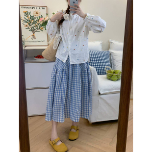 藍色格子半身裙女夏季 胖mm梨型身材高腰顯瘦拼接a字長裙 大碼 薄款