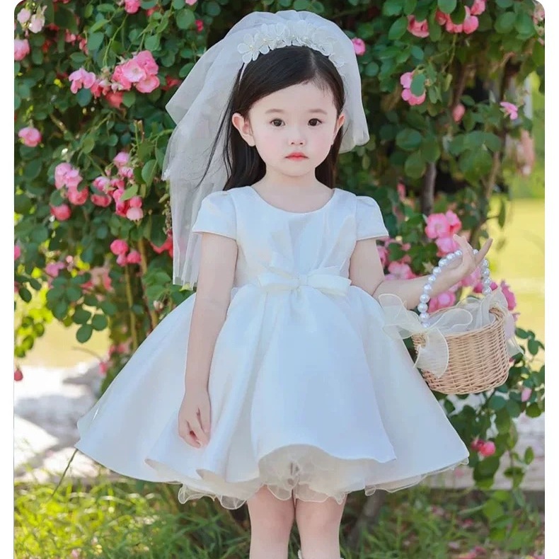 高级感女童白色连衣裙夏装女宝宝周岁生日儿童演出礼服裙子蓬蓬裙