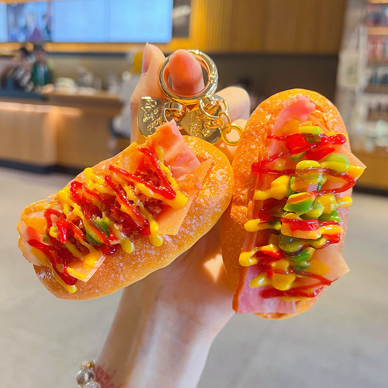 创意仿真美式热狗面包钥匙扣挂饰pu食玩搞怪包包钥匙链挂件小礼品