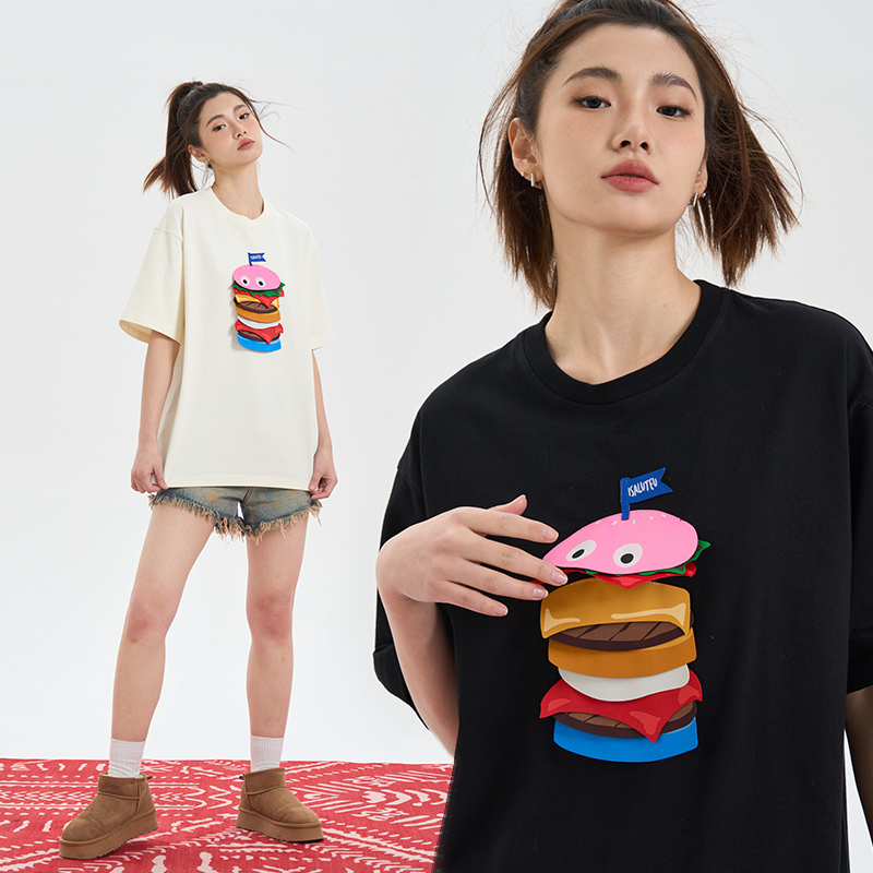 iSaluteU 卡通汉堡布标情侣T半袖OVERSIZE宽松短袖