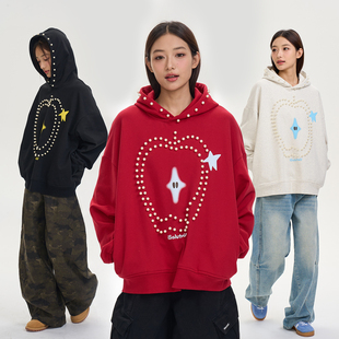 情侣 潮牌宽松帽衫 iSaluteU 趣味苹果图案珍珠烫钉连帽卫衣春秋季