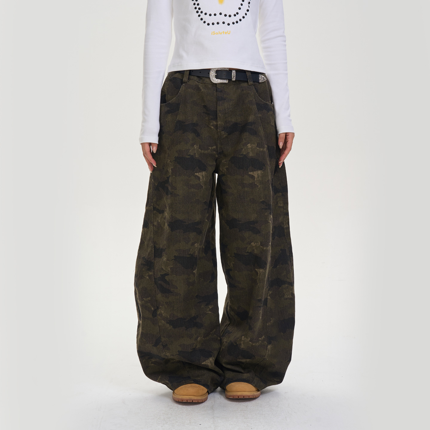 iSaluteU 美式复古迷彩弯刀裤立体裁宽松显瘦工装长裤