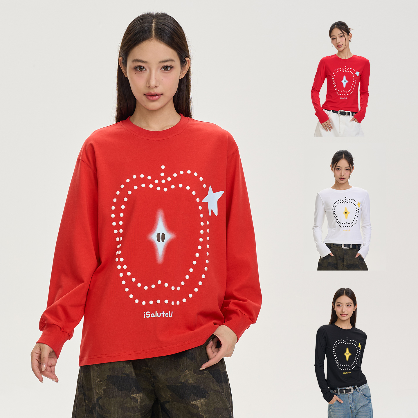 iSaluteU 珍珠烫钻苹果长袖T恤衫春秋季潮流弹力亲肤针织上衣