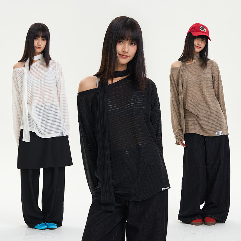 【卢昱晓同款】iSaluteU美式复古长袖T恤薄款镂空针织防晒罩衫