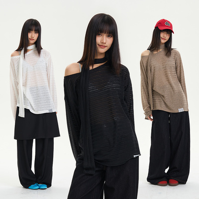 【卢昱晓同款】iSaluteU美式复古长袖T恤薄款镂空针织防晒罩衫