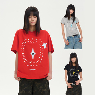 美式 趣味苹果图案珍珠烫钻情侣短袖 iSaluteU T恤 苏新皓同款