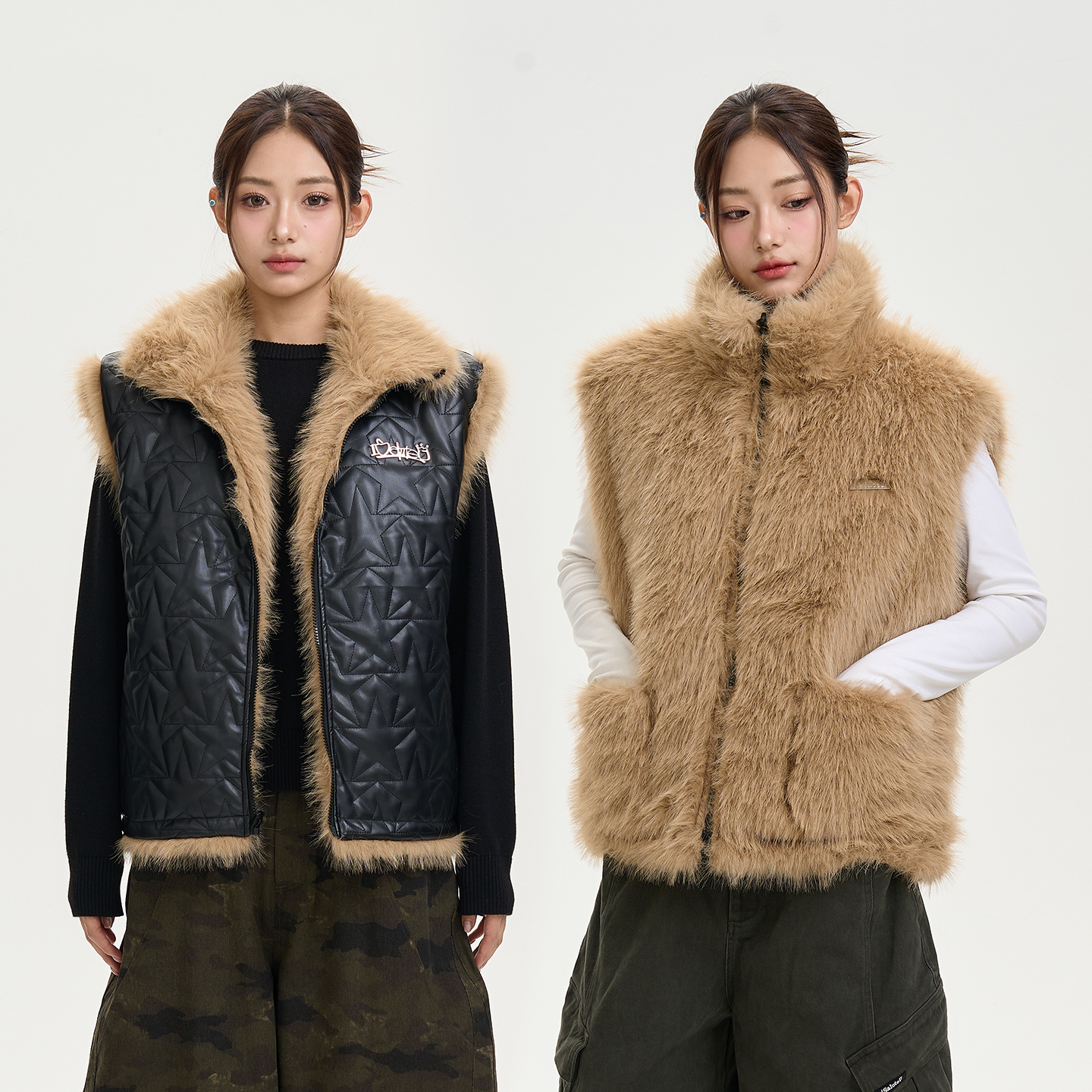 iSaluteU小立领两面穿坎肩马甲仿皮草潮流秋冬蓬松感背心外套上衣