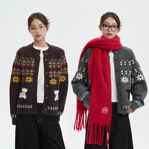 iSaluteU小狗费尔岛毛衣经典雪花氛围感撞色圆领针织开衫男女外套