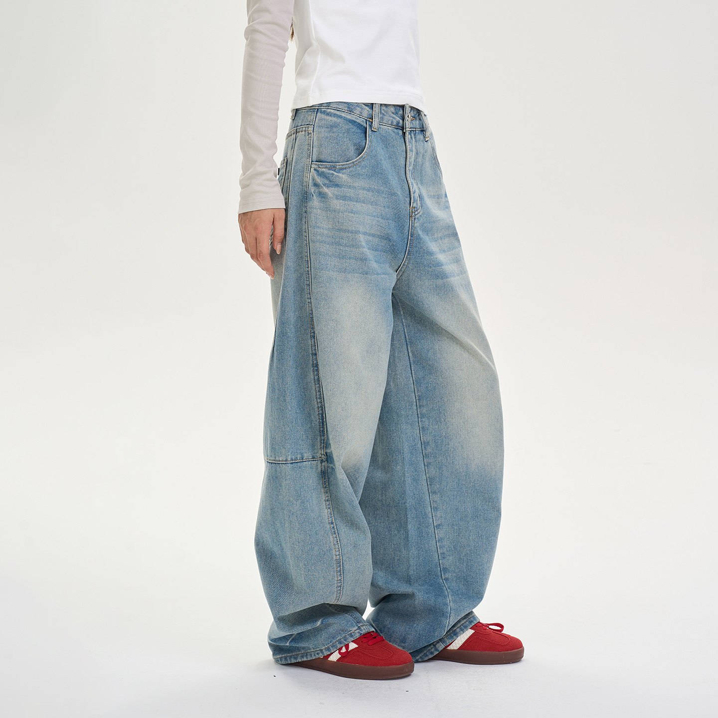 iSaluteU 水洗蓝小弯刀牛仔裤微阔百搭休闲春秋潮流松弛感长裤