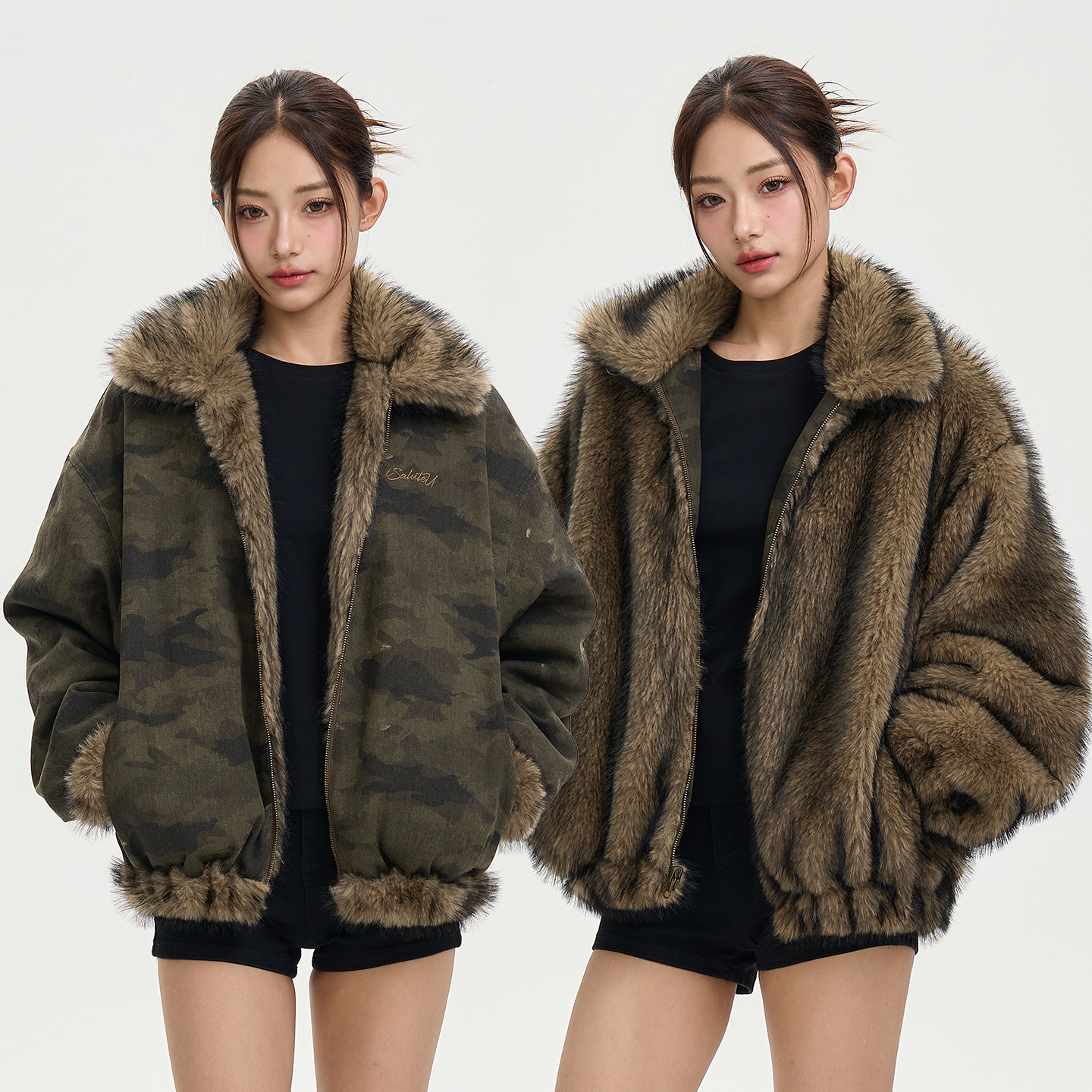iSaluteU 美式复古翻领迷彩座山雕仿皮草夹克潮流秋冬双面穿外套