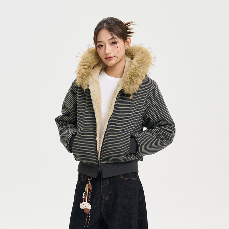 iSaluteU条纹大毛领针织开衫卫衣美式休闲潮流百搭短款保暖外套