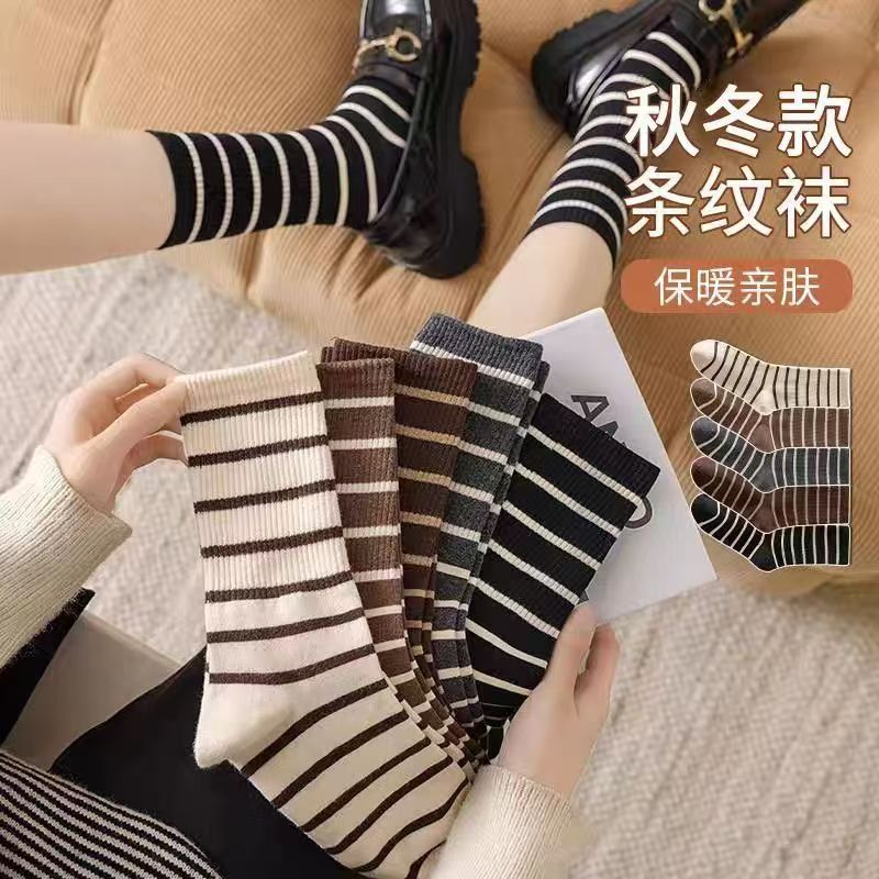 袜子女条纹简约高筒袜外穿中长款ins潮百搭款黑白秋冬学院风女袜