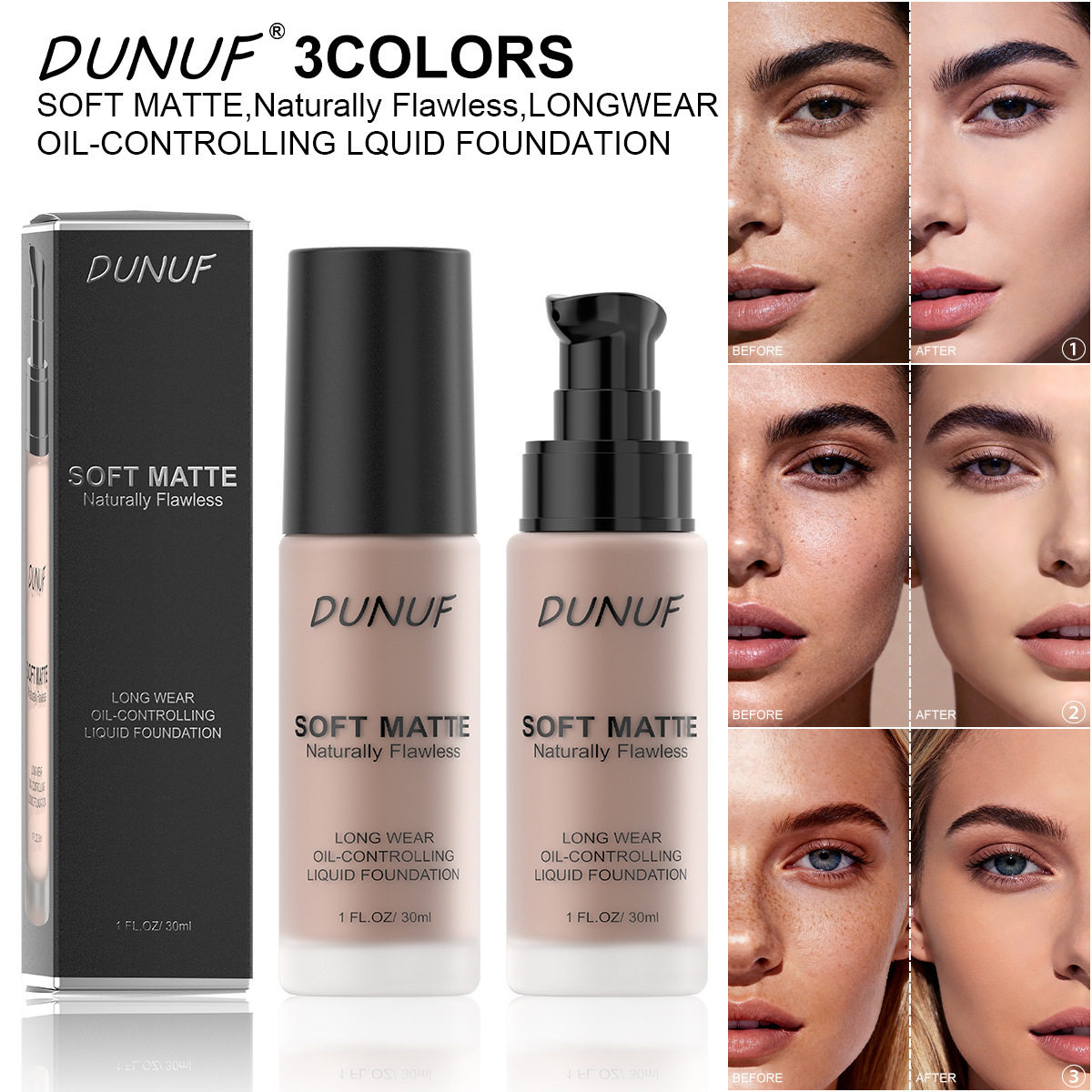 跨境美妆DUNUF 3色粉底液哑光持久遮瑕轻盈感透气质地不易脱妆粉,彩妆/香水/美妆工具,粉底液/膏,淘宝优惠券,粉丝福利购,淘宝优惠卷