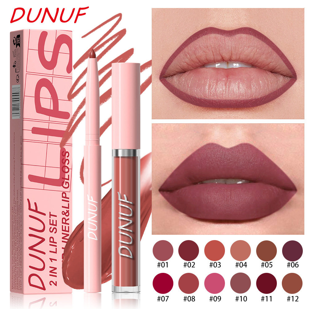 彩妆DUNUF2合1唇线笔+唇彩套装组合丝绒哑光持妆不易脱色跨境出口,彩妆/香水/美妆工具,唇笔/唇线笔,淘宝优惠券,粉丝福利购,淘宝优惠卷