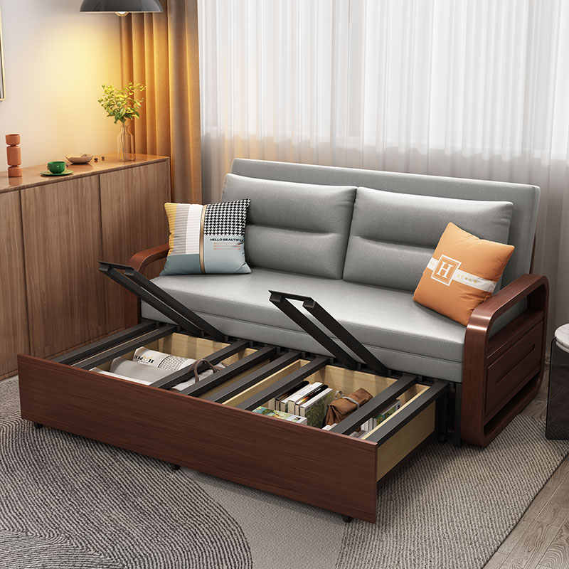 实木沙发床可折叠两用书房单人客厅小户型木质多功能科技布新中式