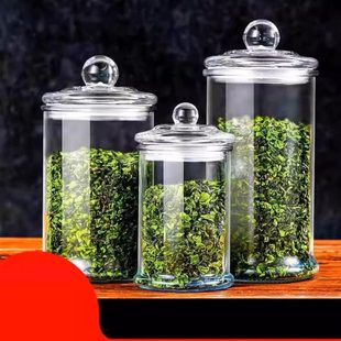 防潮多功能透明储物罐玻璃茶叶罐家用圆形带盖密封罐罐子花茶便携