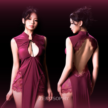 Zerosophy 「锦囊妙计」中式性感抽绳旗袍大露背诱紫情调蕾丝睡裙