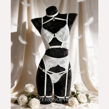 Zerosophy「白色恋人」性感蕾丝文胸羽毛刺绣分体吊袜诱情调套装