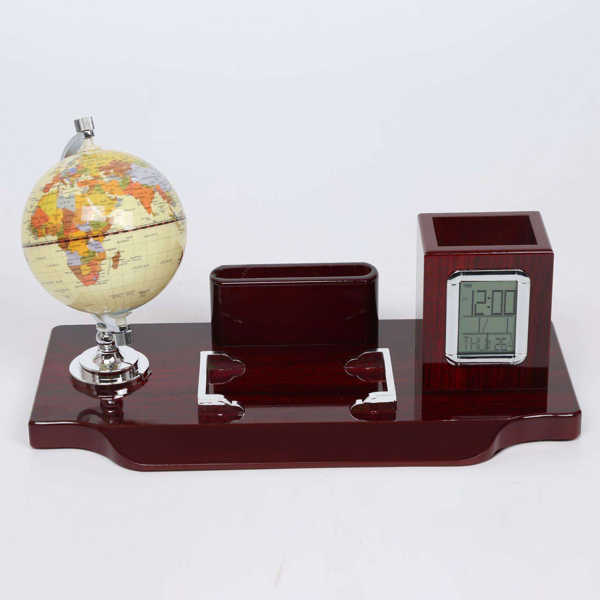 高档实木欧式带地球仪笔筒电子表桌面摆台办公室桌面用品厂家直供