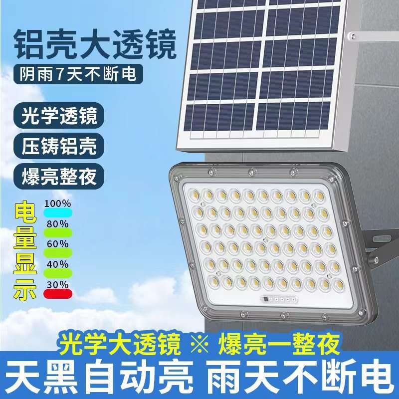 2024新款铝壳透镜款太阳能灯户外投光灯大功率太阳能路灯厂家