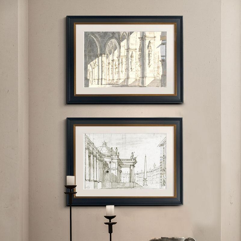 法式复古建筑玄关装饰画客厅背景墙素描高级感挂画小众艺术黑白壁图片