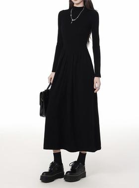 黑色半高领长袖女装2025春季小腰修身Look内底中长裙