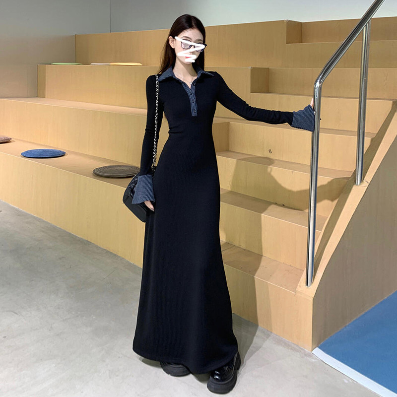 法式黑色polo针织连衣裙子女春秋季2025新款内搭打底气质鱼尾长裙,女装/女士精品,连衣裙,淘宝优惠券,粉丝福利购,淘宝优惠卷