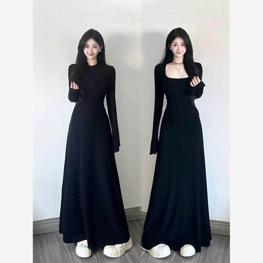 [270g棉拉毛]2024秋季修身长裙女腰修身Look方领优雅针织裙