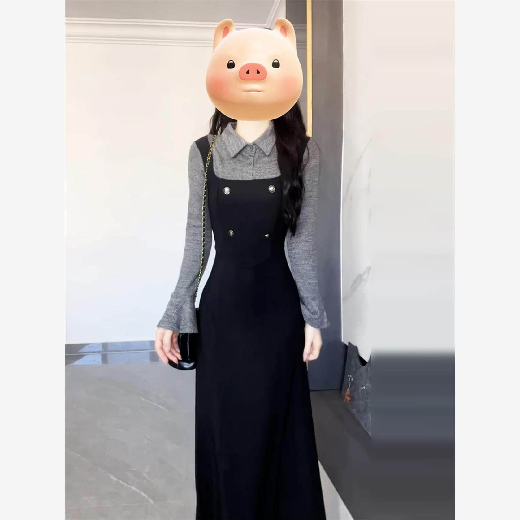 法式大方得体假两件长袖连衣裙女早秋季2025新款气质绝美掐腰长裙